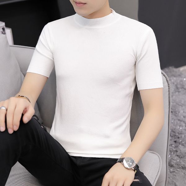

2019casual self-cultivation high lead neck knitting men sweater autumn leisure short sleeve warm solid color male pullover s-3xl, White;black