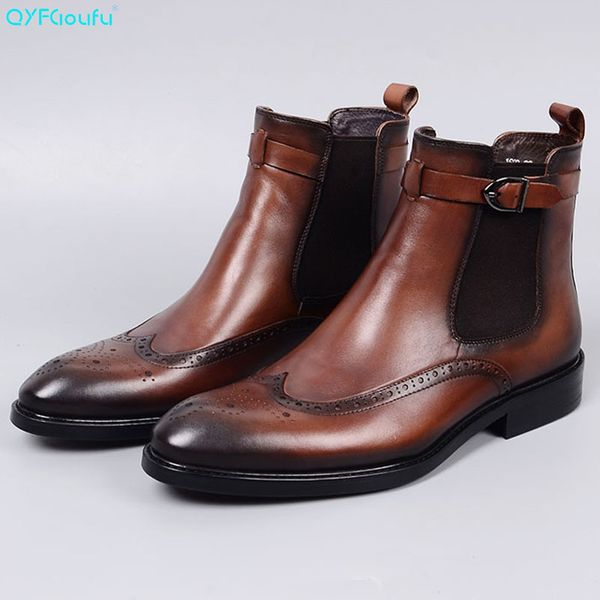 

qyfcioufu 2019 new full brogue flat ankle boots for men custom made genuine cow skin men's boots buckle mens dress, Black