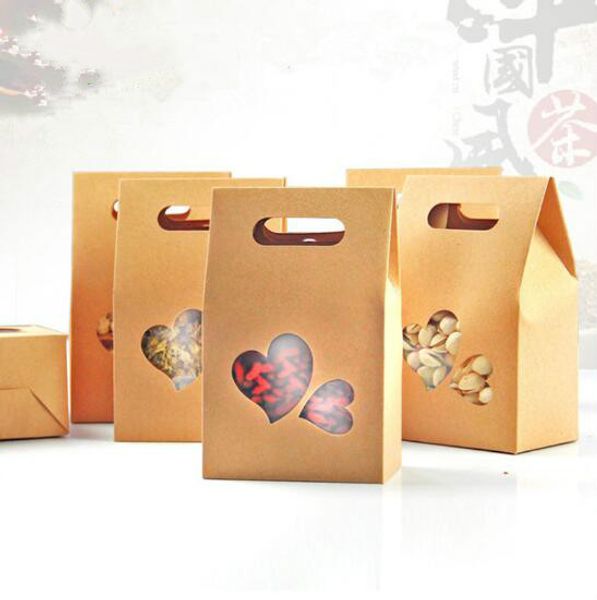 Kutu Parti Kağıt Kalp Pencere Kutusu Packaging 25pcs 100x155mm Katlama Kraft Kağıt Kol Kutu Doğal Kraft Kağıt Hediye