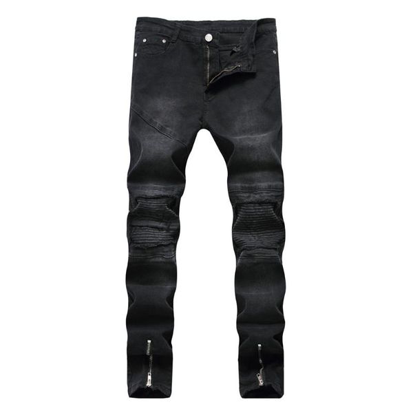 

men's jeans 2021 spring black denim for men pleated zipper straight designer slim trousers biker homme, Blue