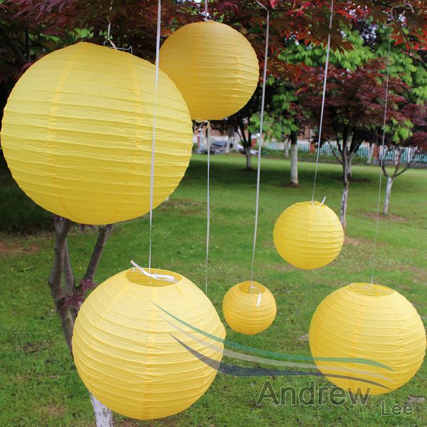 

haochu 7pcs/set mixed sizes(10cm-40cm) yellow color paper lanterns for wedding party decorations round paper lantern sale