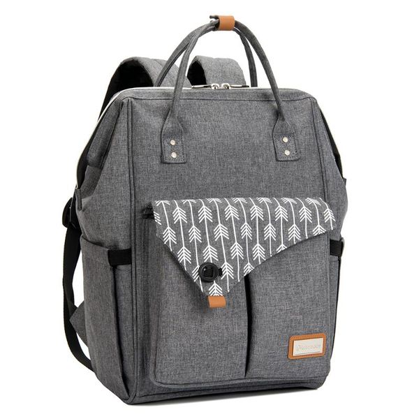 

diaper bag backpack for mom in grey with arrow print