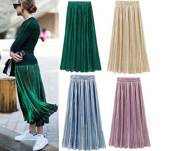 

new ladies women silky long maxi skirts pink purple green silver yellow pleated skirt, Black