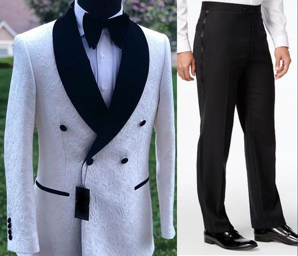 Gli uomini più nuovi si adattano al modello bianco e allo smoking dello sposo nero Scialle di velluto Risvolto Groomsmen Wedding Best Man 2 pezzi (giacca + pantaloni + cravatta) L482