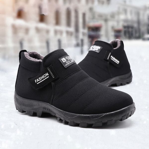 

boots warm plush men shoes winter snow with fur inside casual ankle slip-on loafer bottom cotton for father, Black