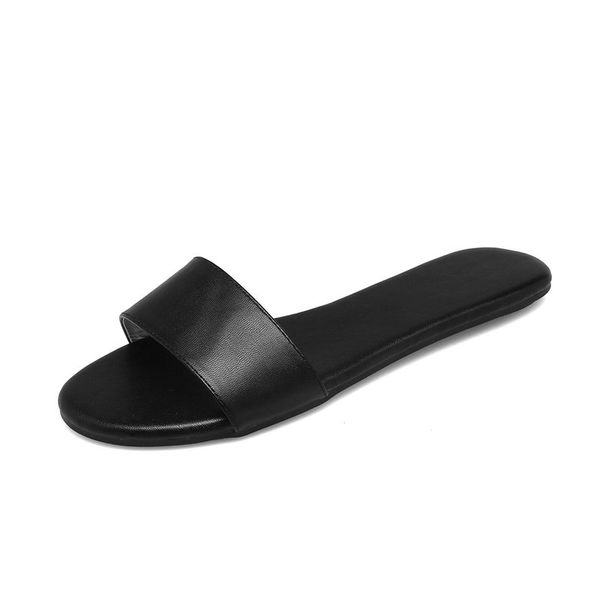 

women's pu leather slippers flat summer beach lady office casual shoes flip flops outdoor mujer slides leather rome plus size, Black