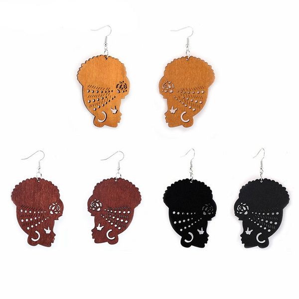 

new wooden earrings dangle african head hollow charm pendant earring ear hook wood ear drop for women designer jewelry gifts, Silver