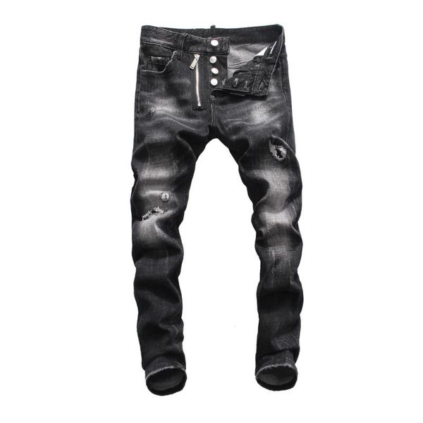 

european american jeans casual denim jeans men slim denim trousers button black hole pencil pants for men, Blue