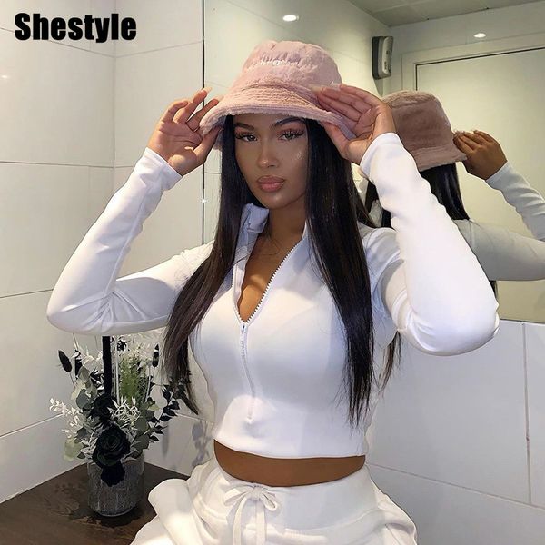 

shestyle с длинным рукавом молния растениеводство топы женщины весна 2020 твердые отложной воротник спортивные тренировки футболки сексуальн, White