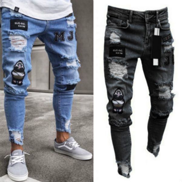 Herren-Designer-Jeans, helles Bein, Bleistifthose, enge Hose mit niedriger Taille, Reißverschluss-Klappen-Design, zerrissene, trendige, eng anliegende Hose im Großhandel