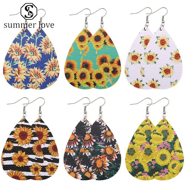

design sunflower printed pu leather earring bohemian dangle drop earrings colorful waterdrop ear lucky jewelry christmas wholesale -y, Silver