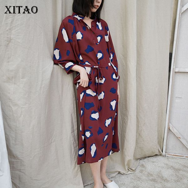 

xitao] нерегулярные женская мода 2019 весна лето отложным воротником три четверти рукав печати середины икры повязки платье lyh3112, Black;gray