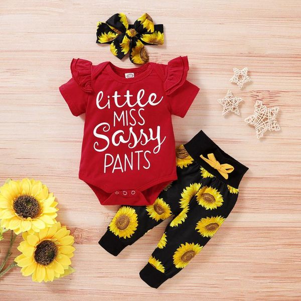 

infant baby girls letter print romper bodysuit+sunflower pants outfits set, White