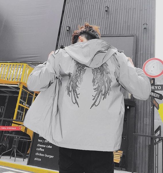 

tang new hiphop wings letters printed couple windbreaker hooded fluorescent coats outwear men 3m reflective jacket waterproof, Black;brown