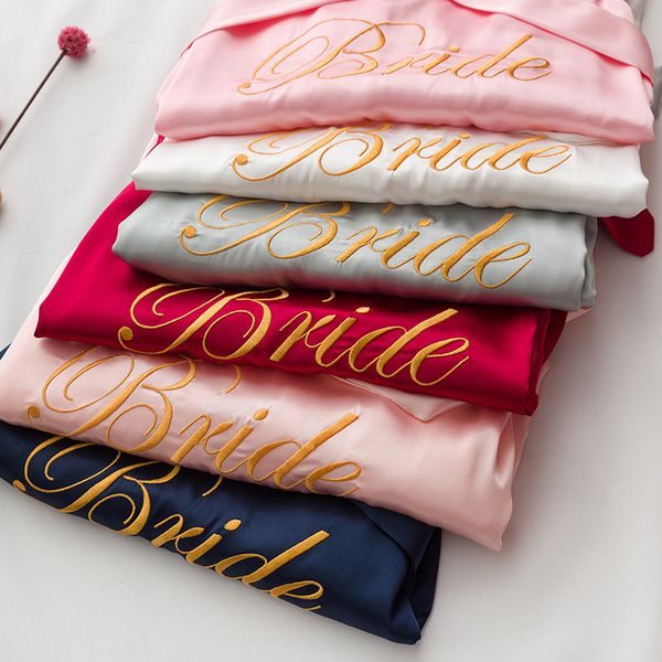 

summer new bride&bridemaid wedding robe gown solid embroidery "bride"kimono bathrobe women casual daily home night dress  l xl, Black;red