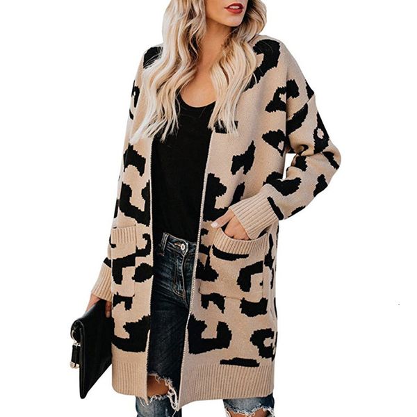 

2019 sweater girls long section two pocket leopard print cardigan, Black;white