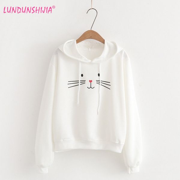 

lundunshijia hooded sweatshirts women 2019 winter plus velvet clothing ladies cartoon cute cat printed pullovers size s-2xl, Black