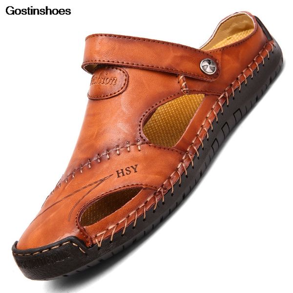 

sandalias de playa men casual shoes cow leather sandalias hombre cuero sandel for men summer beach sandals, Black