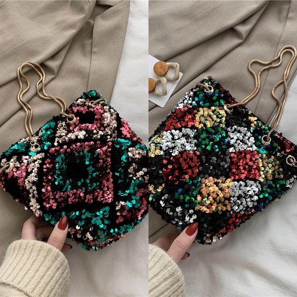 

women's 2020 sequins portable bucket chain single shoulder personalized shiny small sequins small bag crossbody women's bag