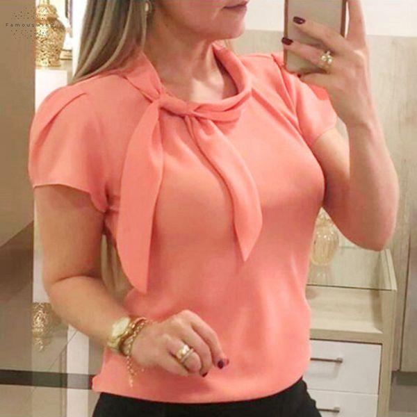 

summer elegant fashion blouse casual chiffon bow office tee female womens short sleeve shirt blusas femininas clothing, White