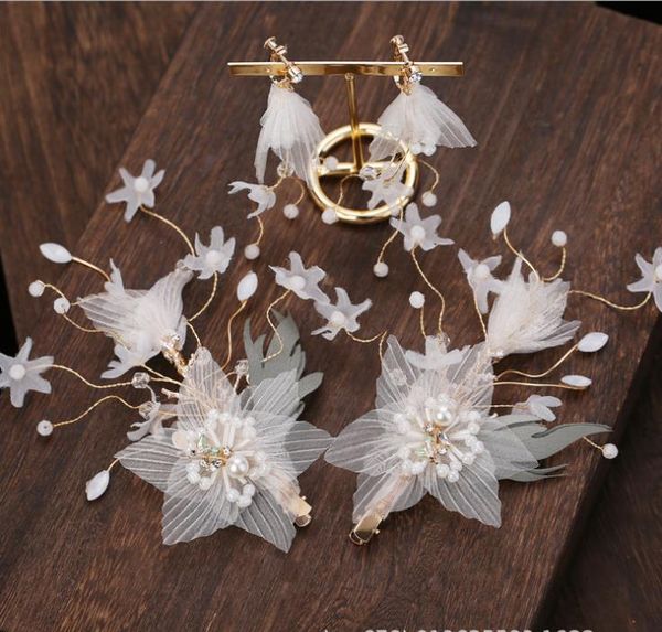 

new bridal headdress flower handmade sweet silk yarn korean pair of hairpin earrings wedding hair accessories, Silver