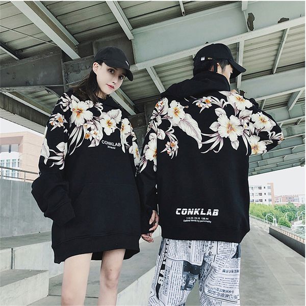 

autumn 2018 new hip hop floral pattern hooded hoodie men, Black