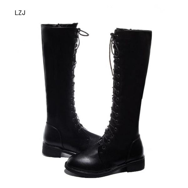 

lzj 2019 lace up knee high boots women fashion flats shoes woman square heel rubber flock botas winter strap long boots, Black