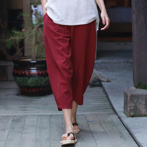

2020 ladies summer stitching cotton and linen loose cropped pants 906, Black;white