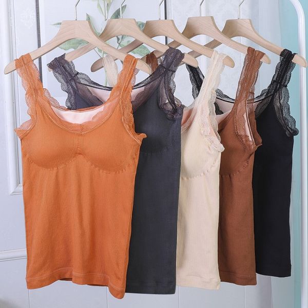 

fashion women thermal underwear with chest pad solid bottoming shirt lace warm femme vest hot, Black;white