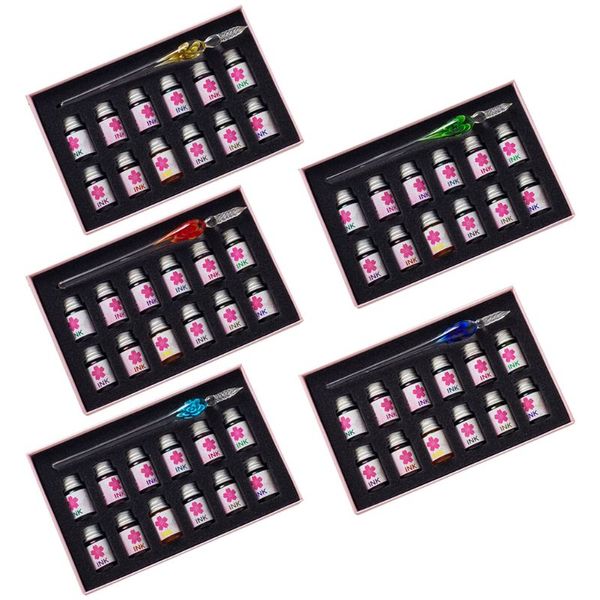 

13pcs/set cherry blossom bottle dip glass pen ink fountain dip signature writing u1ja
