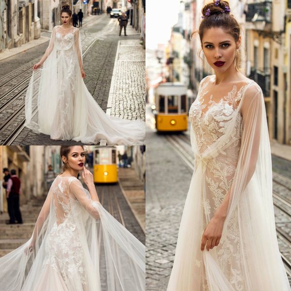 

берта 2019 богемия свадебные платья с обернуть jewel шеи кружева аппликации пляж boho свадебные платья развертки поезд плюс размер линии сва, White