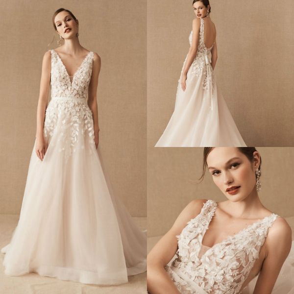 

2020 bohemian bhldn wedding dresses deep v neck lace 3d floral appliques country bridal dress backless boho wedding gowns, White