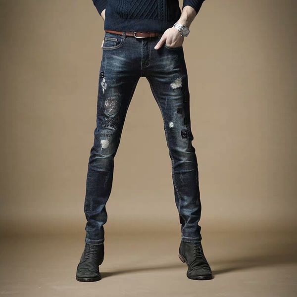 

new 2020 men's male spring rhinestone embroidery korean hole fashion slim slim blue trendy jeans trousers