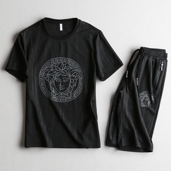

mens versace лето хлопка с коротким рукавом воротник круговая майка короткие брюки мужской костюм ремонт тело свободное время движения костю, Gray