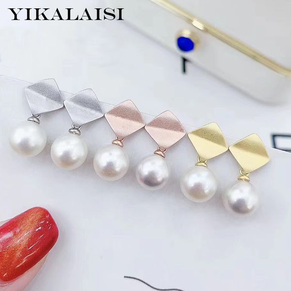 

yikalaisi 925 sterling silver jewelry pearl earrings 2020 fine natural round pearl jewelry 8-9mm earrings for women wholesale, Golden;silver