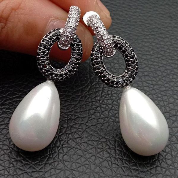 

hoop & huggie teardrop white sea shell pearl cz pave stud earrings, Golden;silver