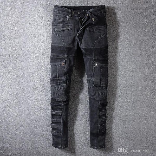 

mens pleated skinny black jeans fashion designer fold panelled zipper pocket cargo slim fit motorcycle biker hip hop denim pants 1057, Blue