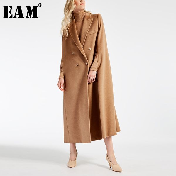 

eam] 2019 new spring lapel long sleeve camel button split joint loose big size long woolen coat women parkas fashion jw881, Tan;black