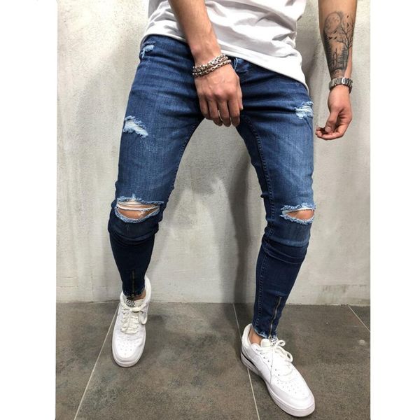 

broken hole jeans men's slim trousers zipper zipper decoration 2019 men's casual thin section summer classic fashion hole jeans, Blue