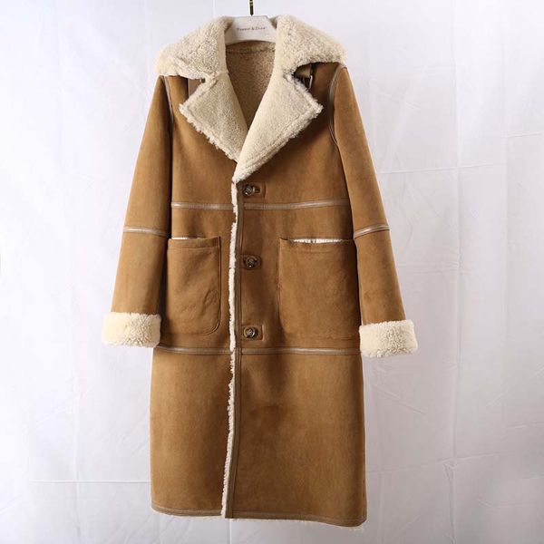 

women's fur & faux real lining sheep skin coat female winter warm jacket women handsome long overcoat genuine shearling, Black