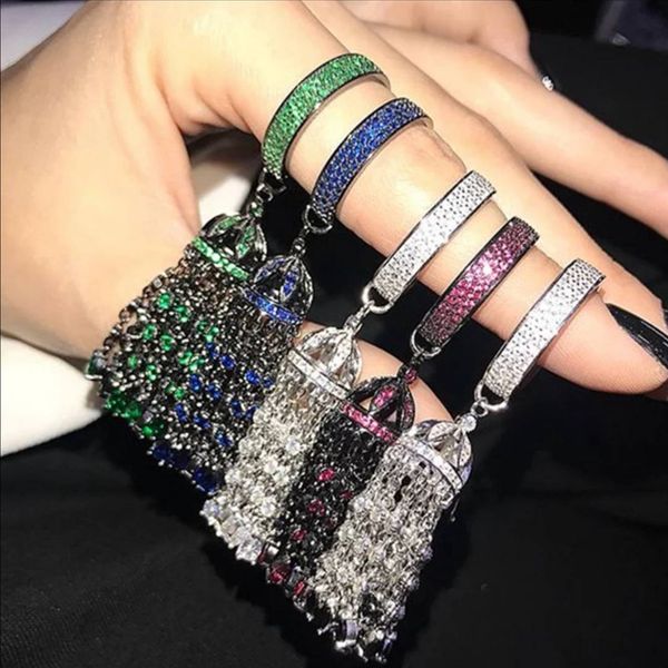 

fashion multi color zircon ring micro full cubic zirconia stones tassel chain cuff ring for women wedding bridal party, Golden;silver