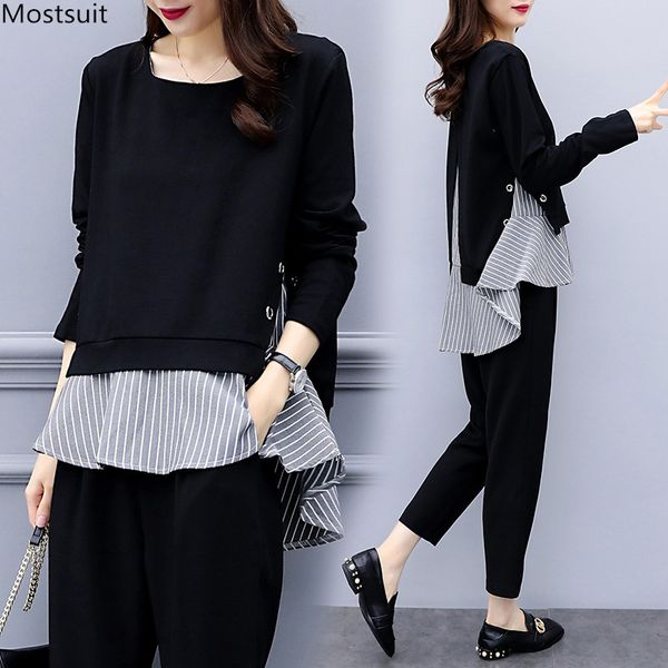 

black two piece set women striped splicing long sleeve and harem pants sets casual office korean ladies suits 2019 sale, White