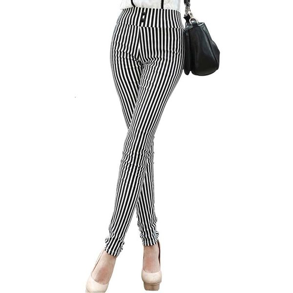 

high waist leggings women pants striped elastic high waist pants female button regular slim long trousers womens stretch pants thin, Black;white