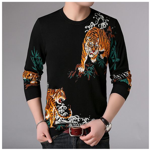 

double tigers pattern exquisite printing fashion pullover knitted sweater autumn 2018 quality soft comforable sweater men -xxxl, White;black