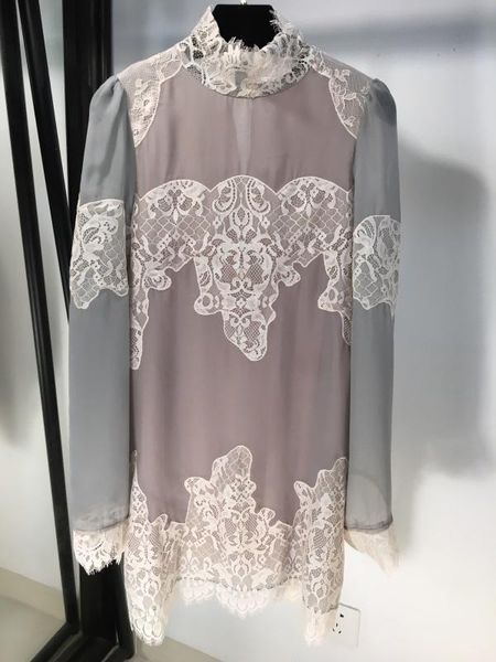 

2019 new ladies fashion long sleeve lace lace collar dress 0111, Black;gray