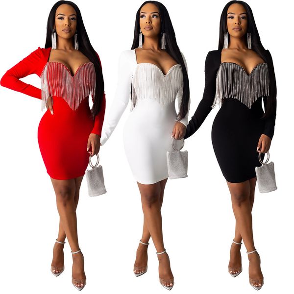 

сексуальная кисточкой белое платье женщины с длинным рукавом bodycon тонкий партии ночной клуб платья элегантный уличная повседневная коротк, Black;gray