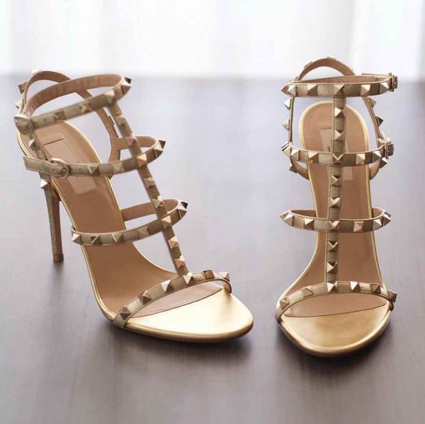 

luxury summer women sandals rock studs stiletto heels rivets strappy ladies sanals high heels sandalias mujer party wedding dress 35-43, Black