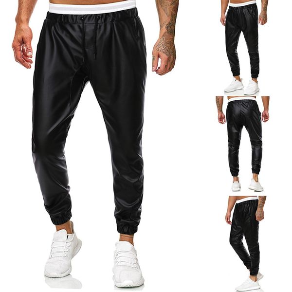 

2019 spodnie dresowe meskie pants men new casual simple and handsome solid color leather pants trousers pantalones hombre, Black