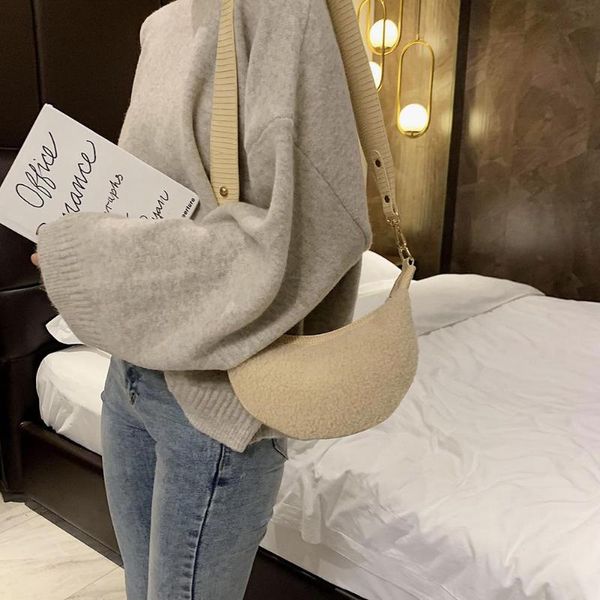 

women crescent shoulder bags leather plush splicing purse fashion retro crossbody messenger handbag