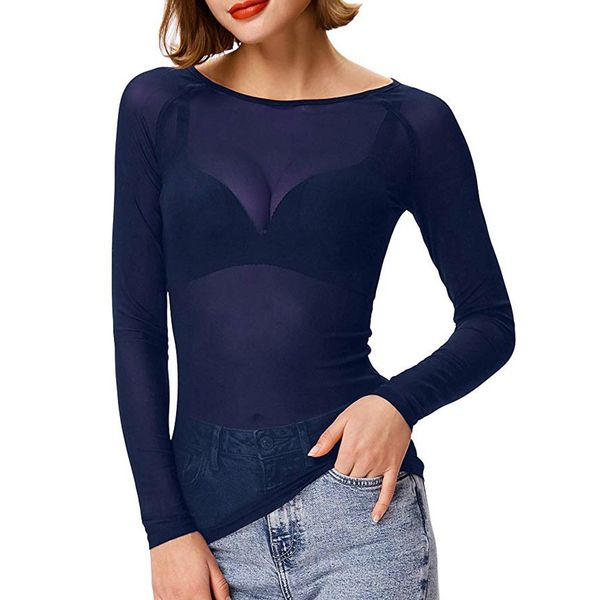 

40 women transparent blouses see through mesh round neck long sleeve sheer shirt ladies slim camisas mujer 2019, White